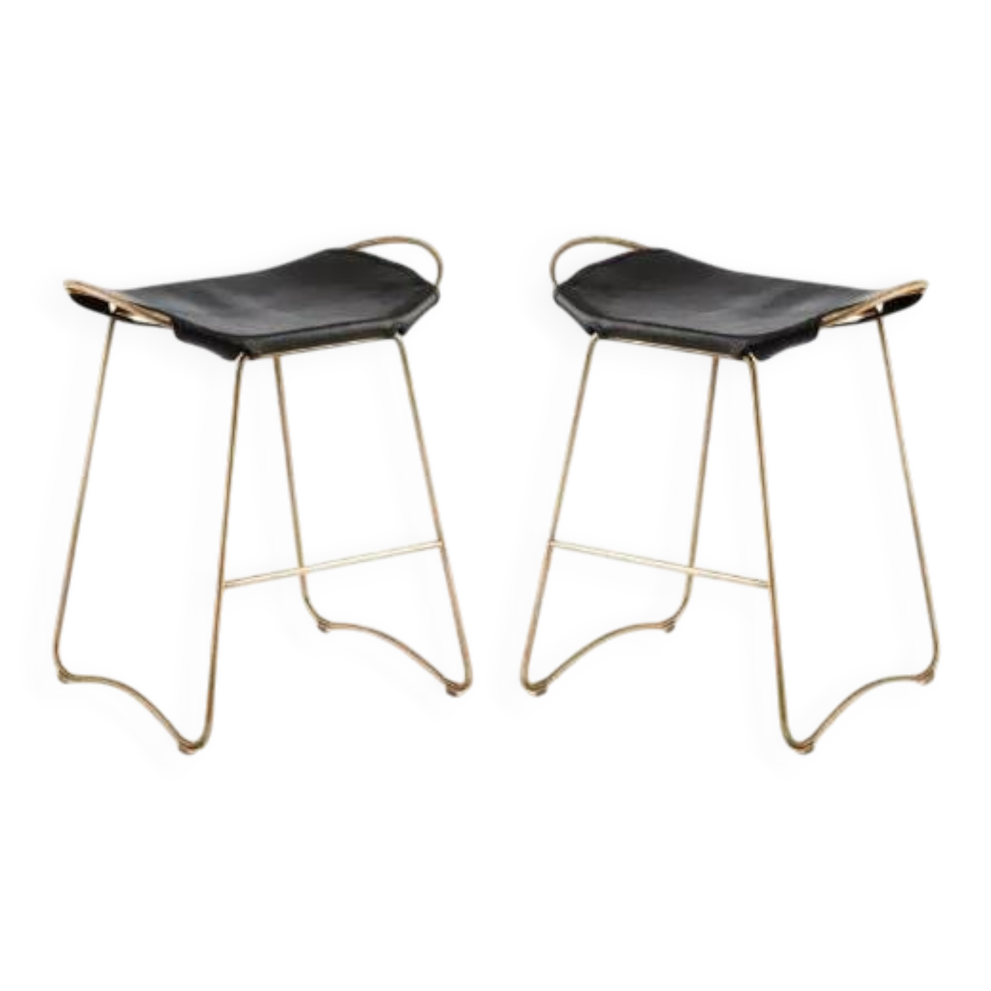 Pair of backless stools, black with brass trim.