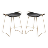 Pair of backless stools, black with brass trim.