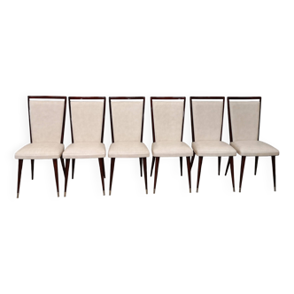 6 white leatherette and mahogany art deco style chairs, 1950