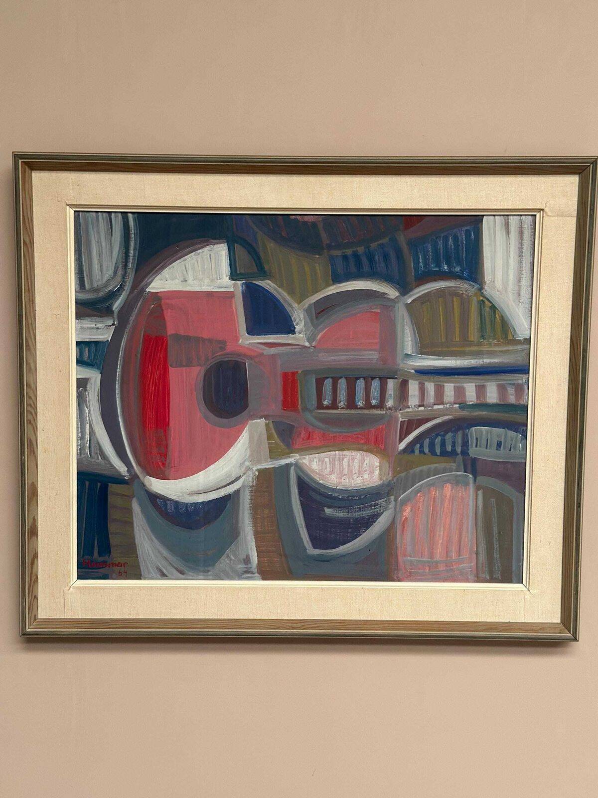 Huile sur panneau originale suédoise – « Guitare » par Ingemar Hammar – Datée de 1964 – Vintage et encadrée