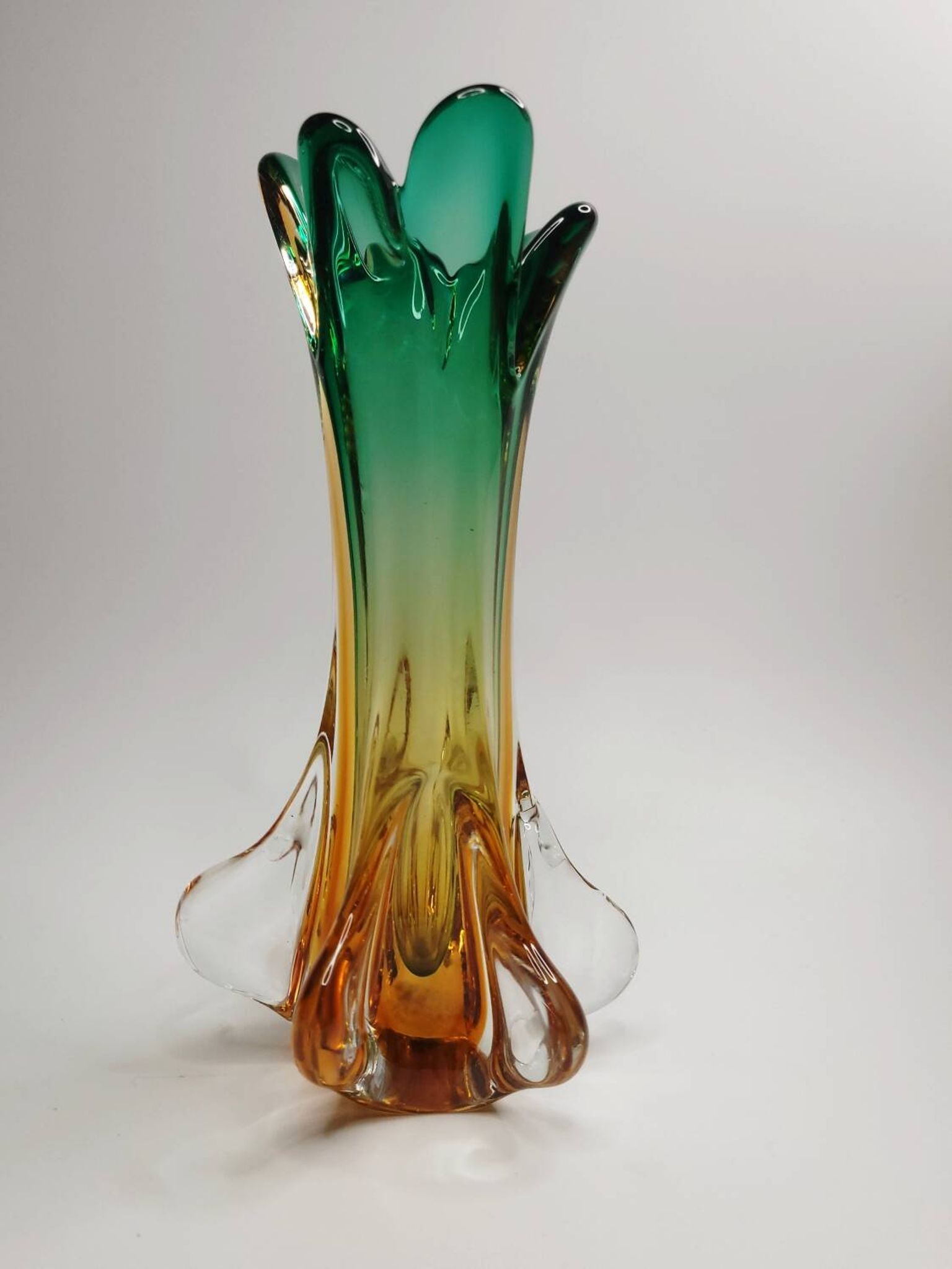 Artistic glass vase in green and amber shades – 1960s/70s