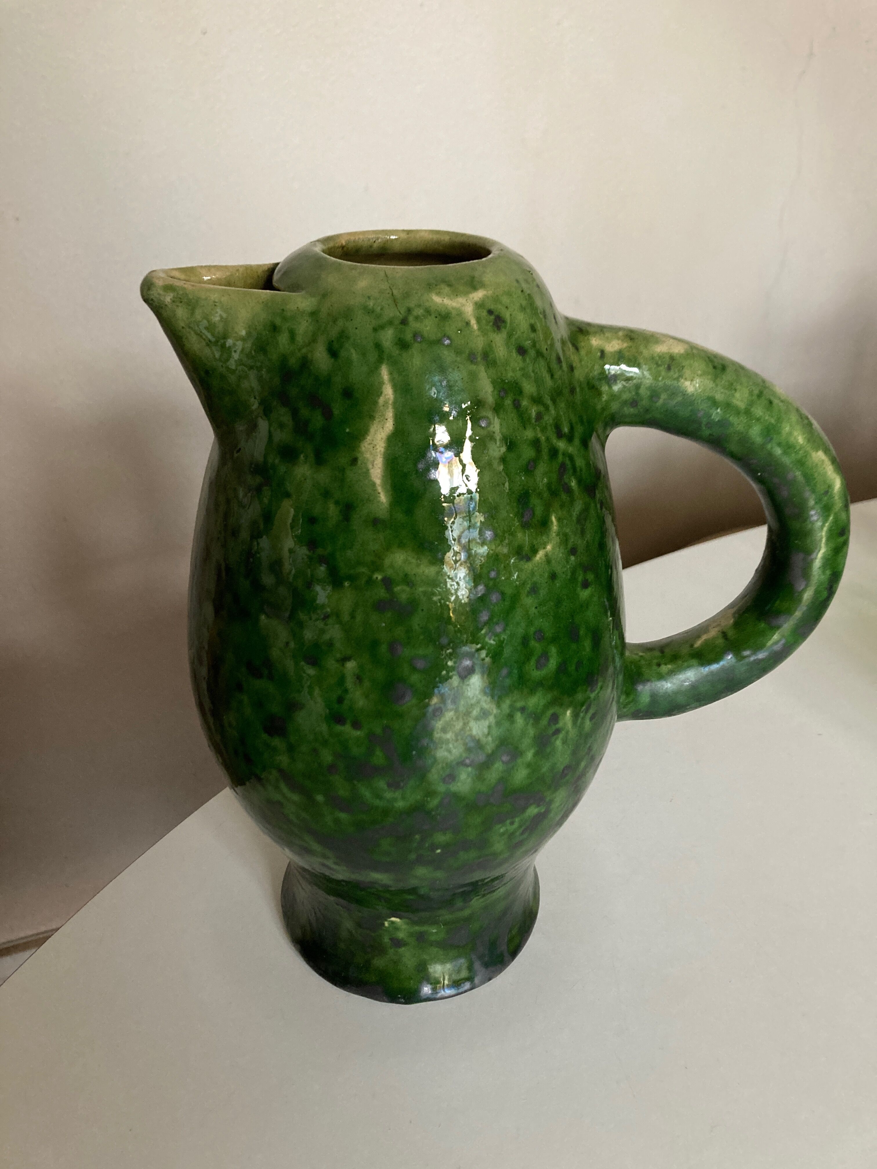 XL vase pitcher in green glazed clay Vallauris 1960