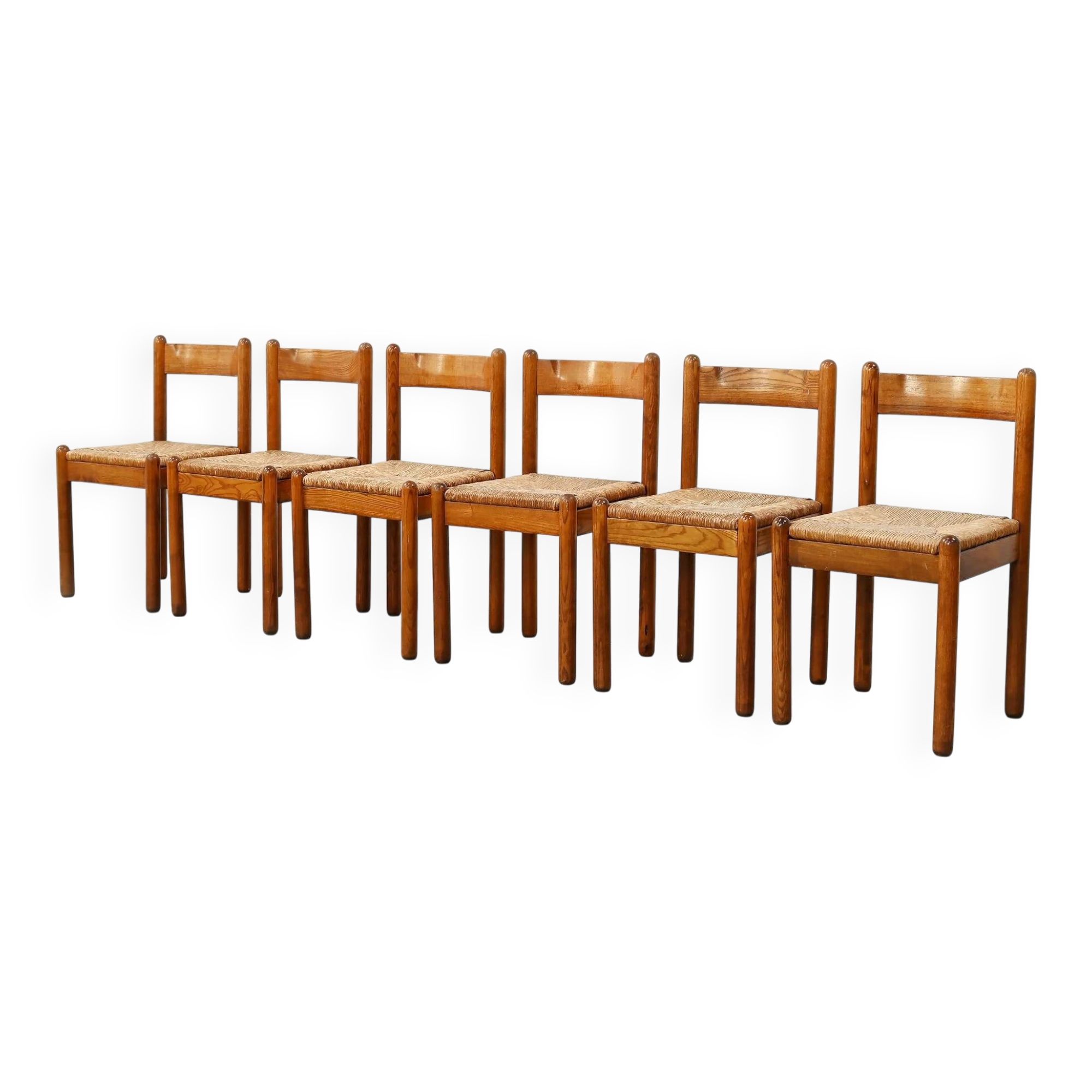 Set of six French oak dining chairs with rush seats, 1970s