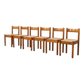 Set of six French oak dining chairs with rush seats, 1970s