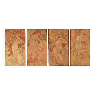 Suite of 4 tapestry representing 4 Seasons in Art Nouveau style