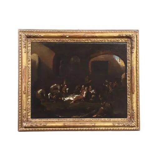 The monks' lunch, oil on canvas, Genoese school, Italy 18th century.
