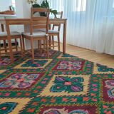 Tapis roumain vintage 330X176 cm tissé à la main dans la laine jaune et vert design géométrique