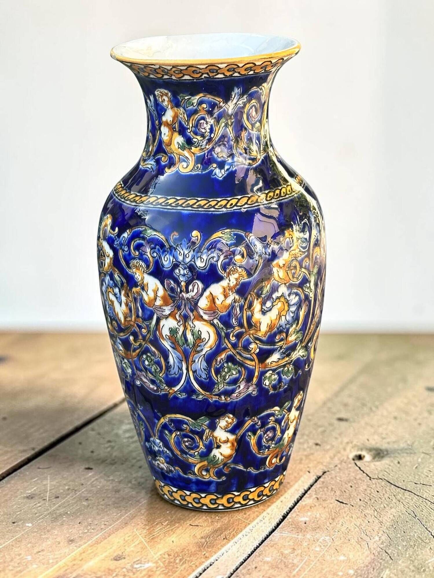 Antique baluster vase in Gien earthenware with blue Renaissance decoration - H: 26 cm