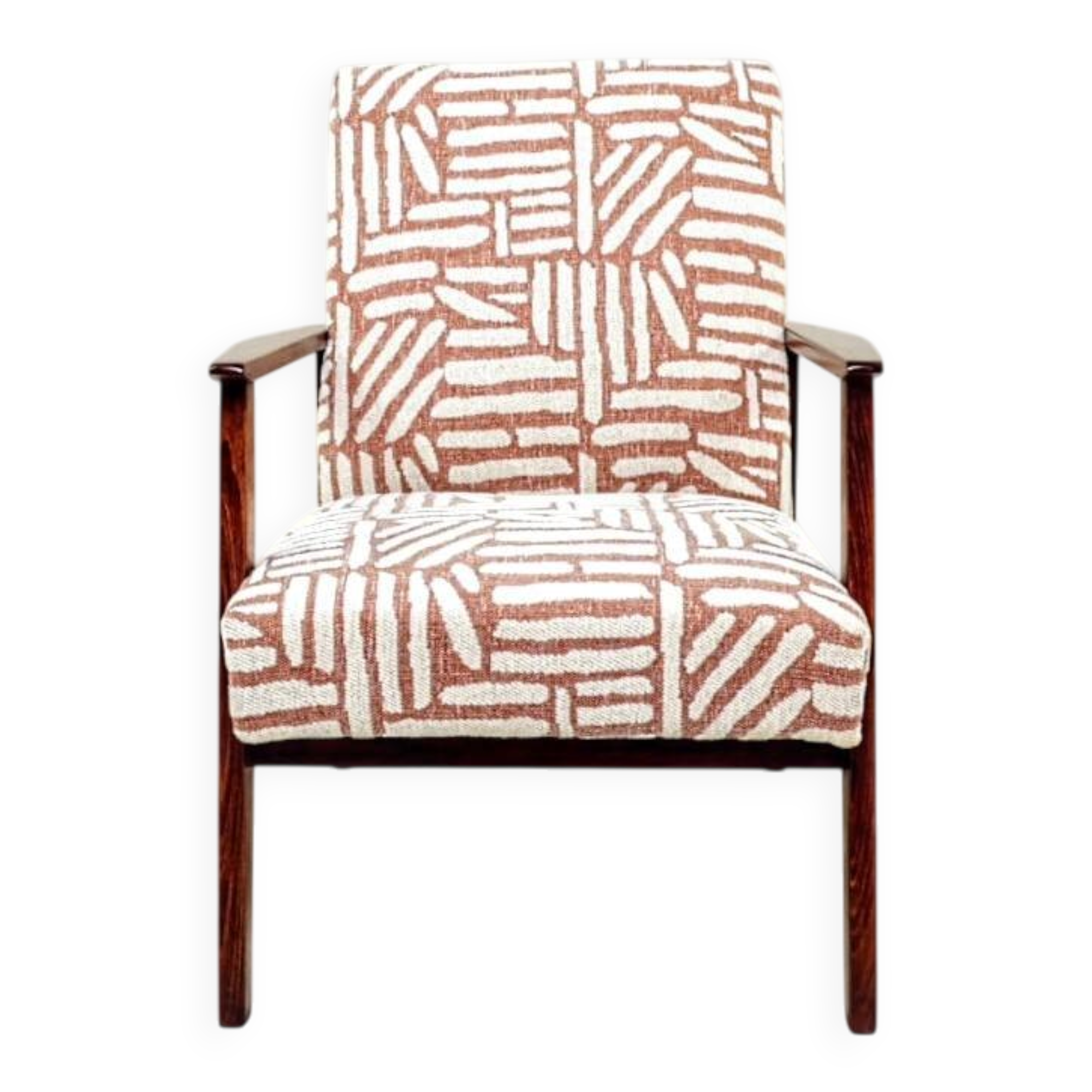 Vintage armchair in solid beech and ethnic jacquard from the 1970s.