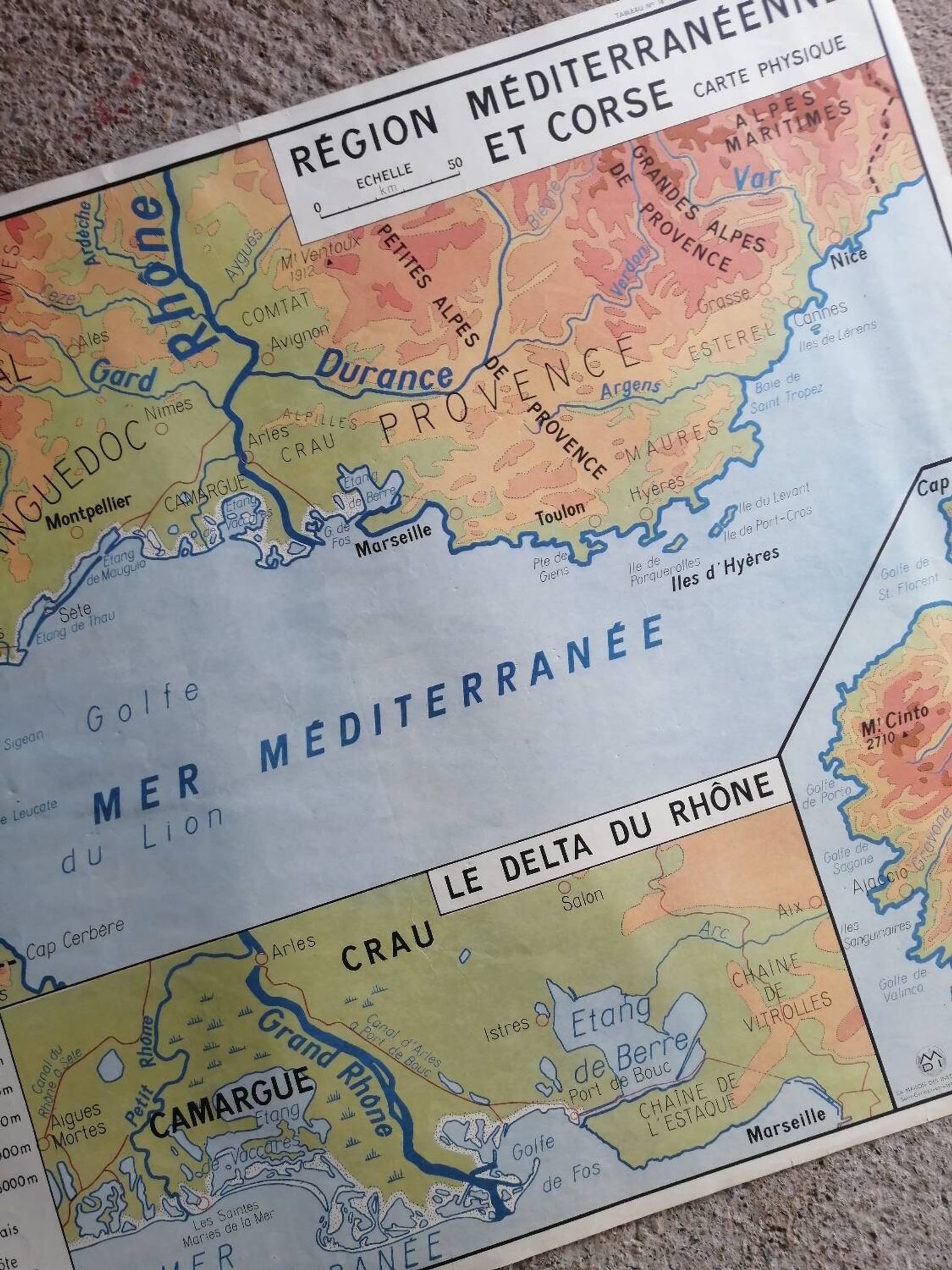 Vintage school map of France, Mediterranean, Corsica, Massif Central