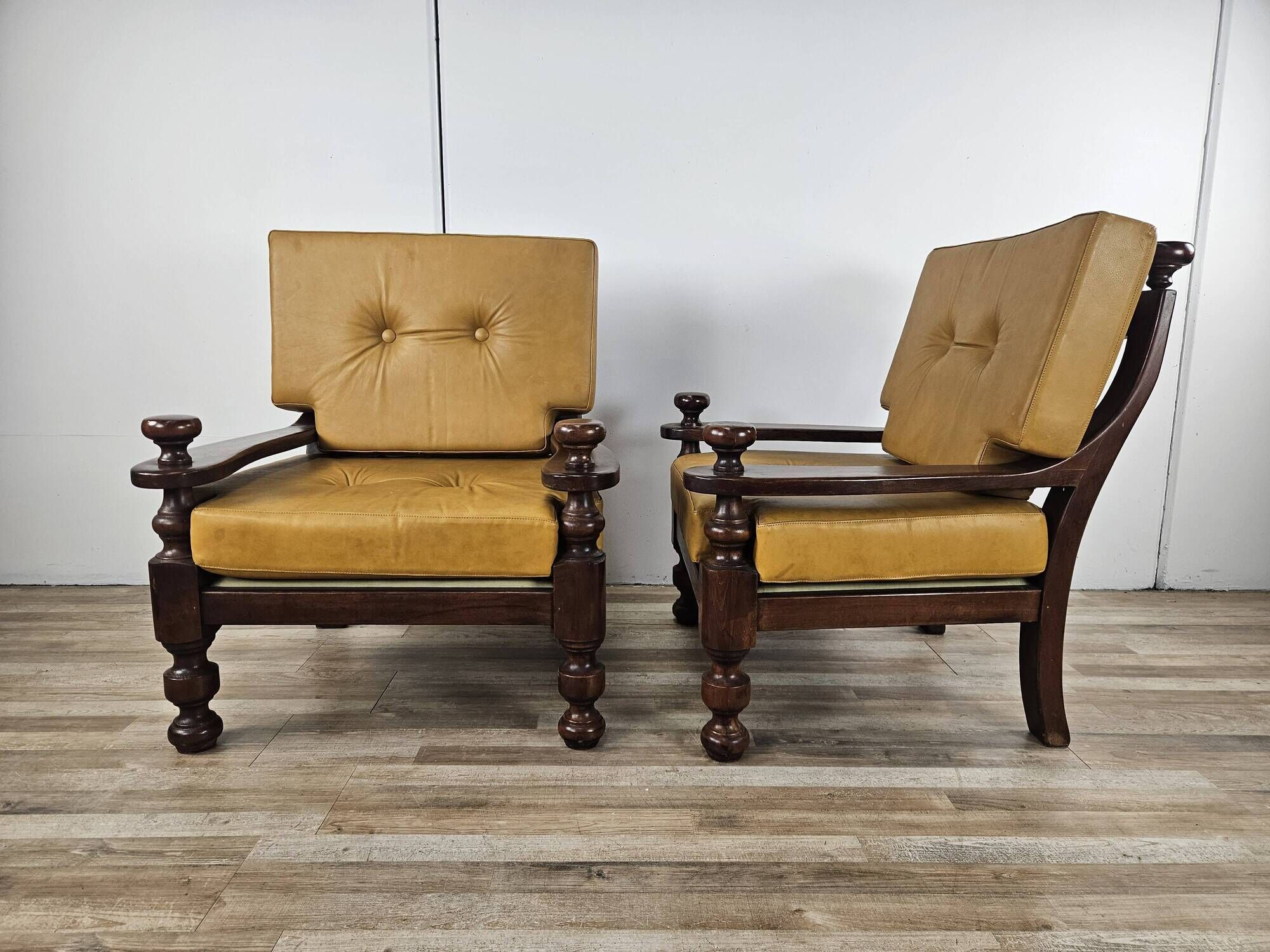 1980s leather and solid wood armchairs