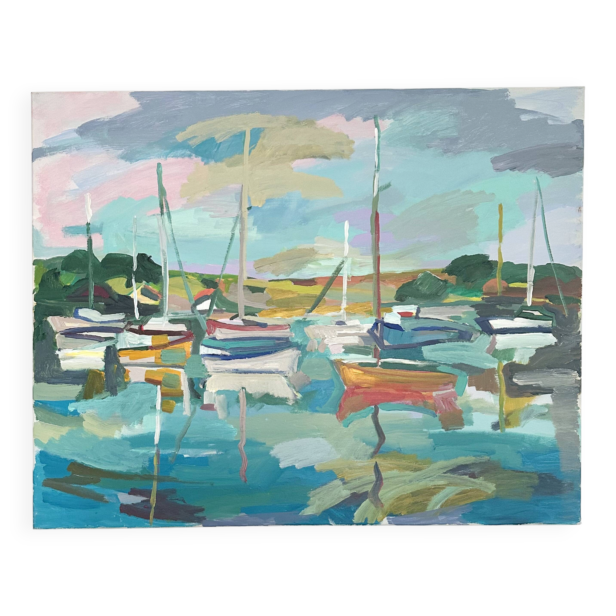 Huile sur toile port aux voiliers