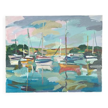 Oil on canvas port with sailing boats
