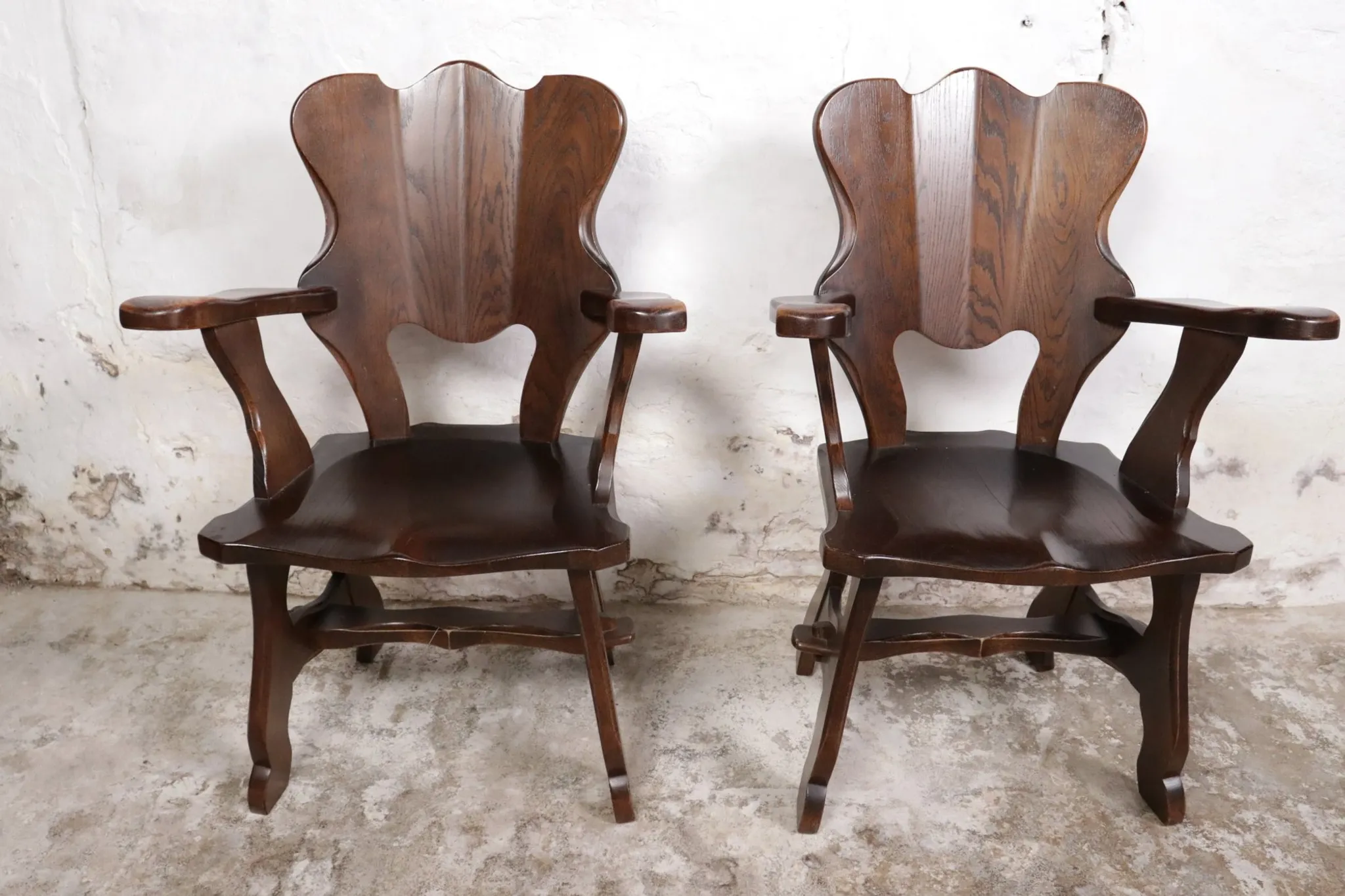 Story book brutalist wabi sabi oak fireplace lounge chairs