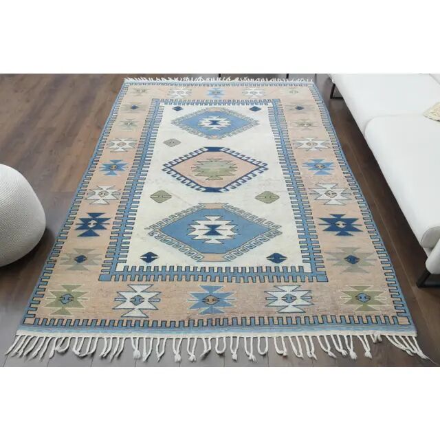 1970s Vintage Turkish Oushak Handmade Wool Cotton Beige Area Rug 185x259