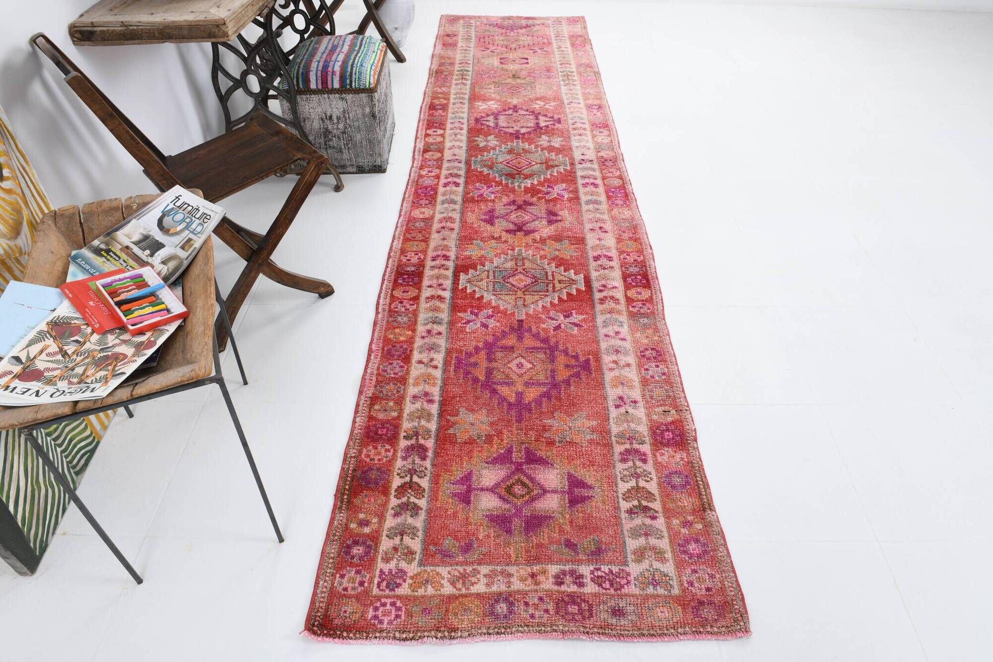 3x12 Vintage Pink & Red Turkish Runner Rug, Super Soft Rug, 86x378Cm