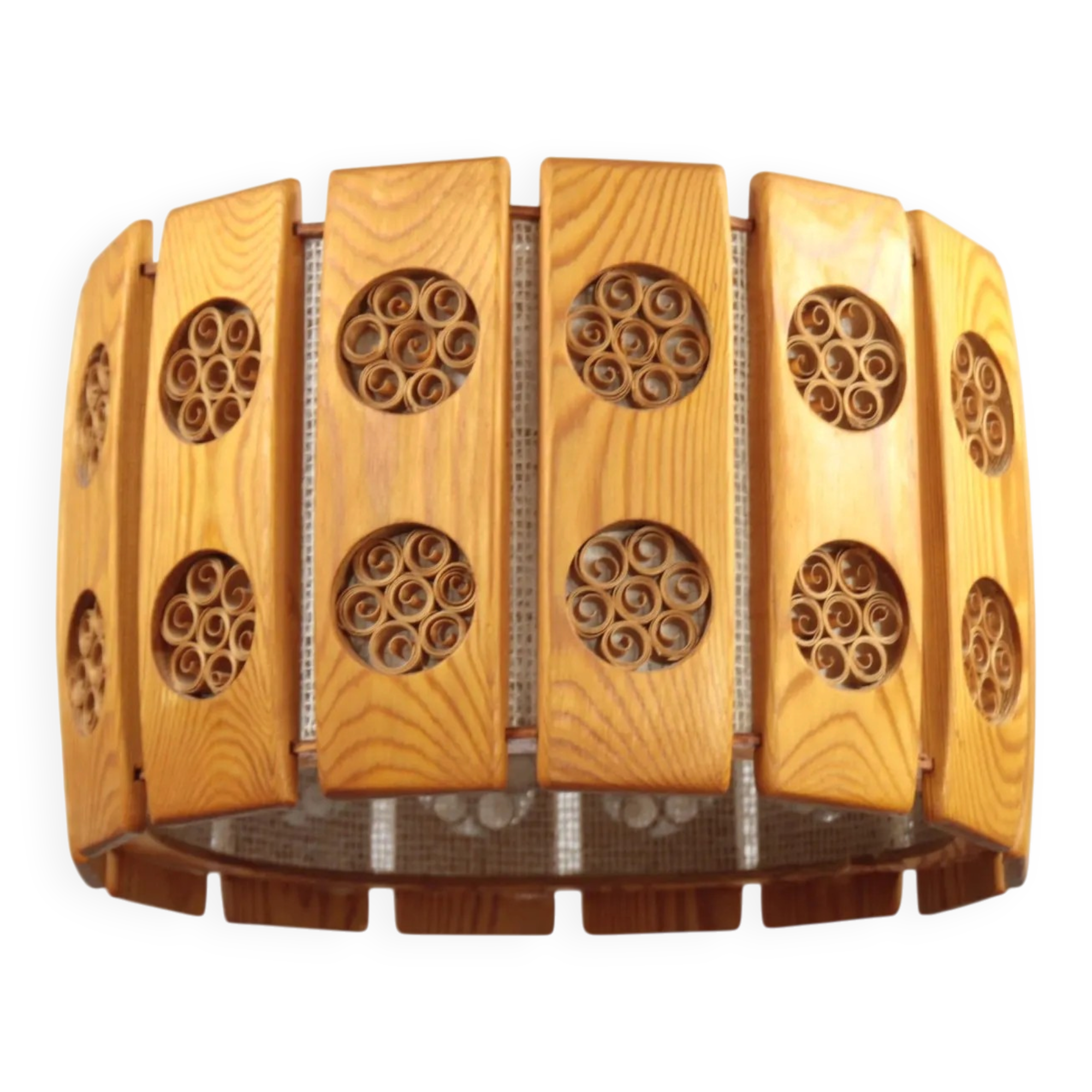 Pine Pendant Lamp with Rolled Wood Curl Rosettes – Sweden, 1970s