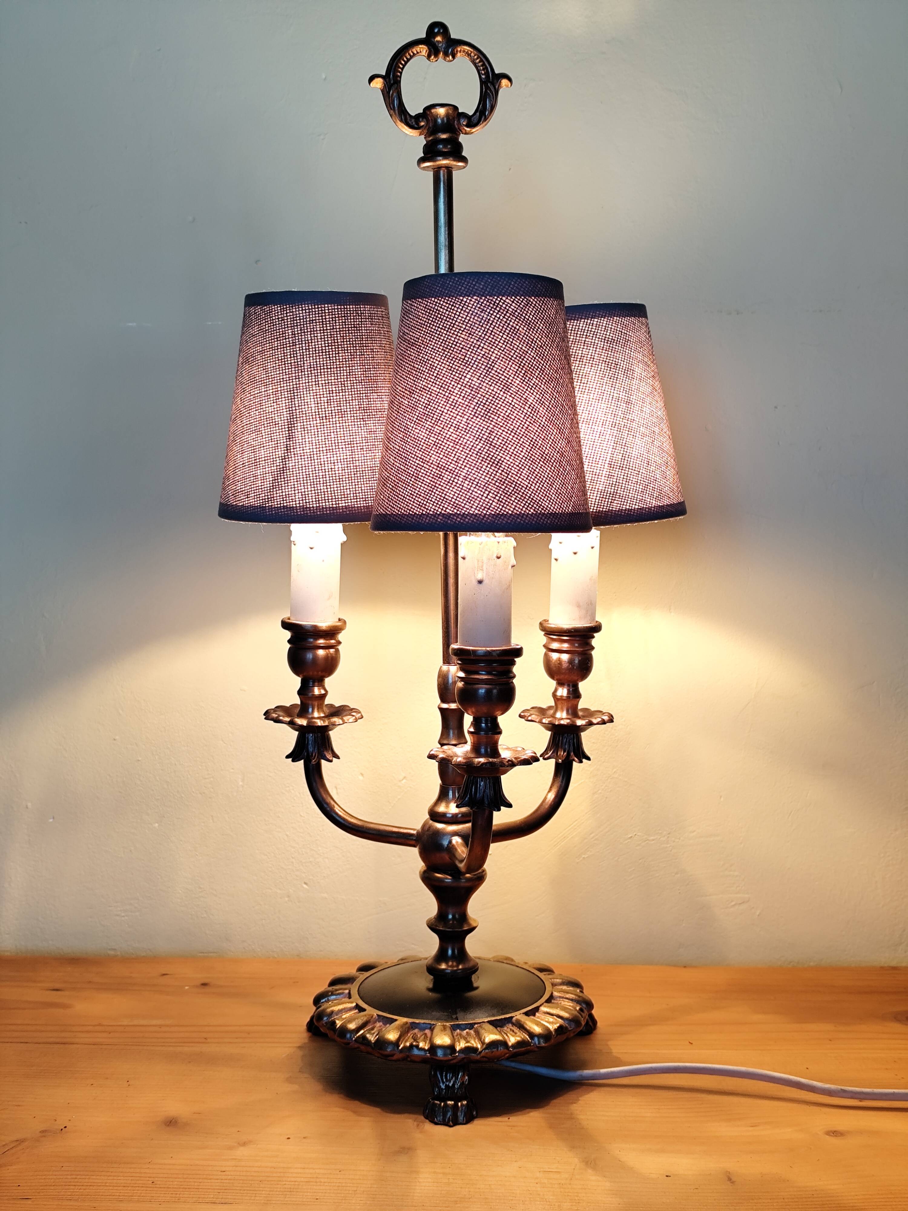 three-light candelabra lamp in metal and gilded brass, bouillotte lamp