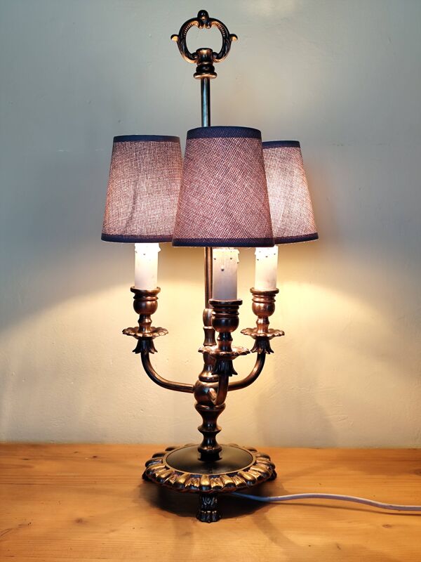 lampe candélabre 3 feux en métal et laiton doré, lampe bouillotte