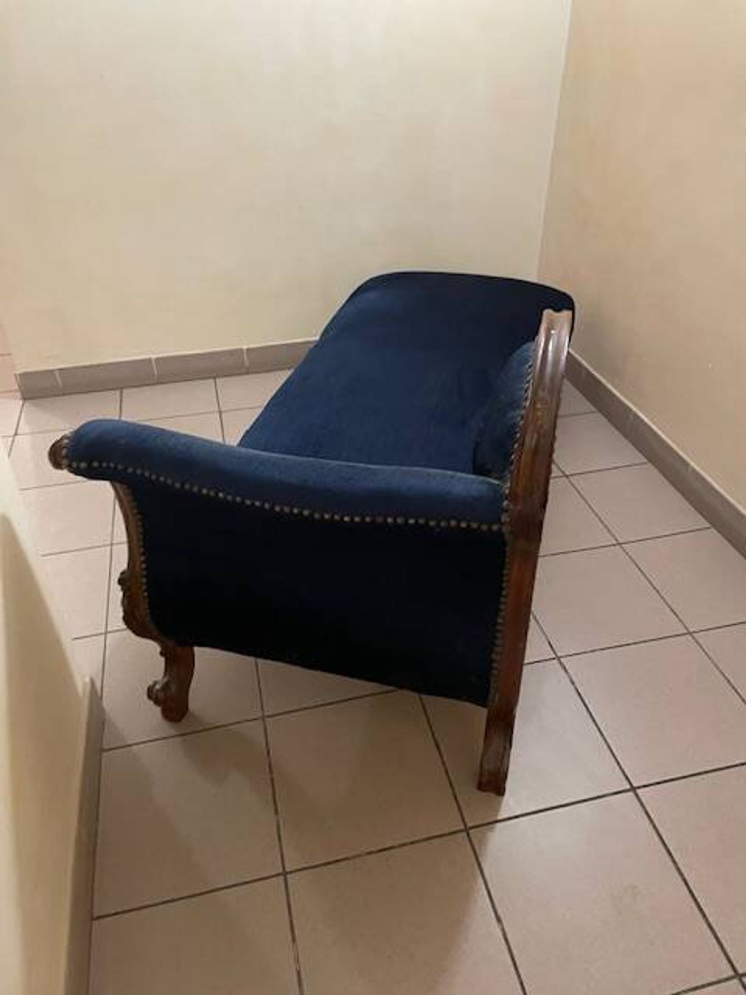 Mahogany and blue velvet daybed