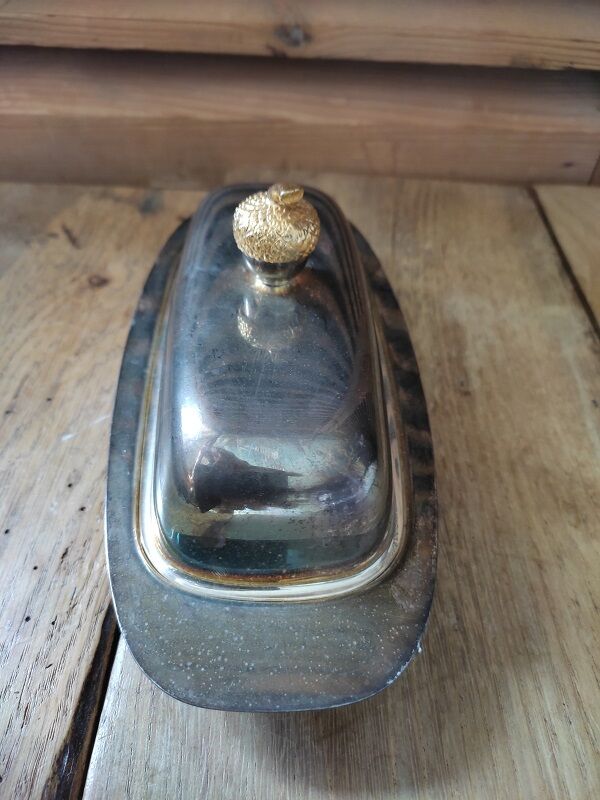 Butter dish silver metal cup glass acorn gilded