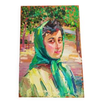 Peinture à l’huile sur panneau dur portrait féminin des années 60, école italienne