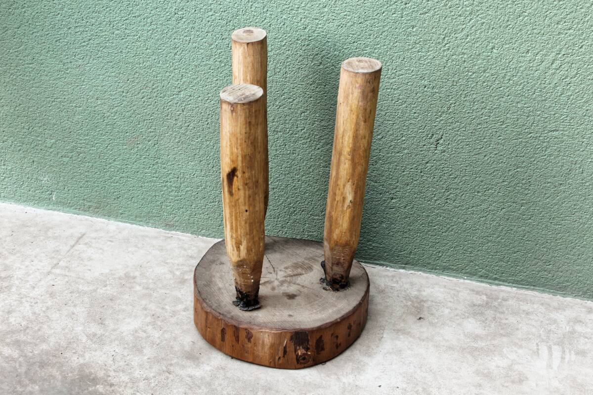Brutalist tripod stool, raw wood