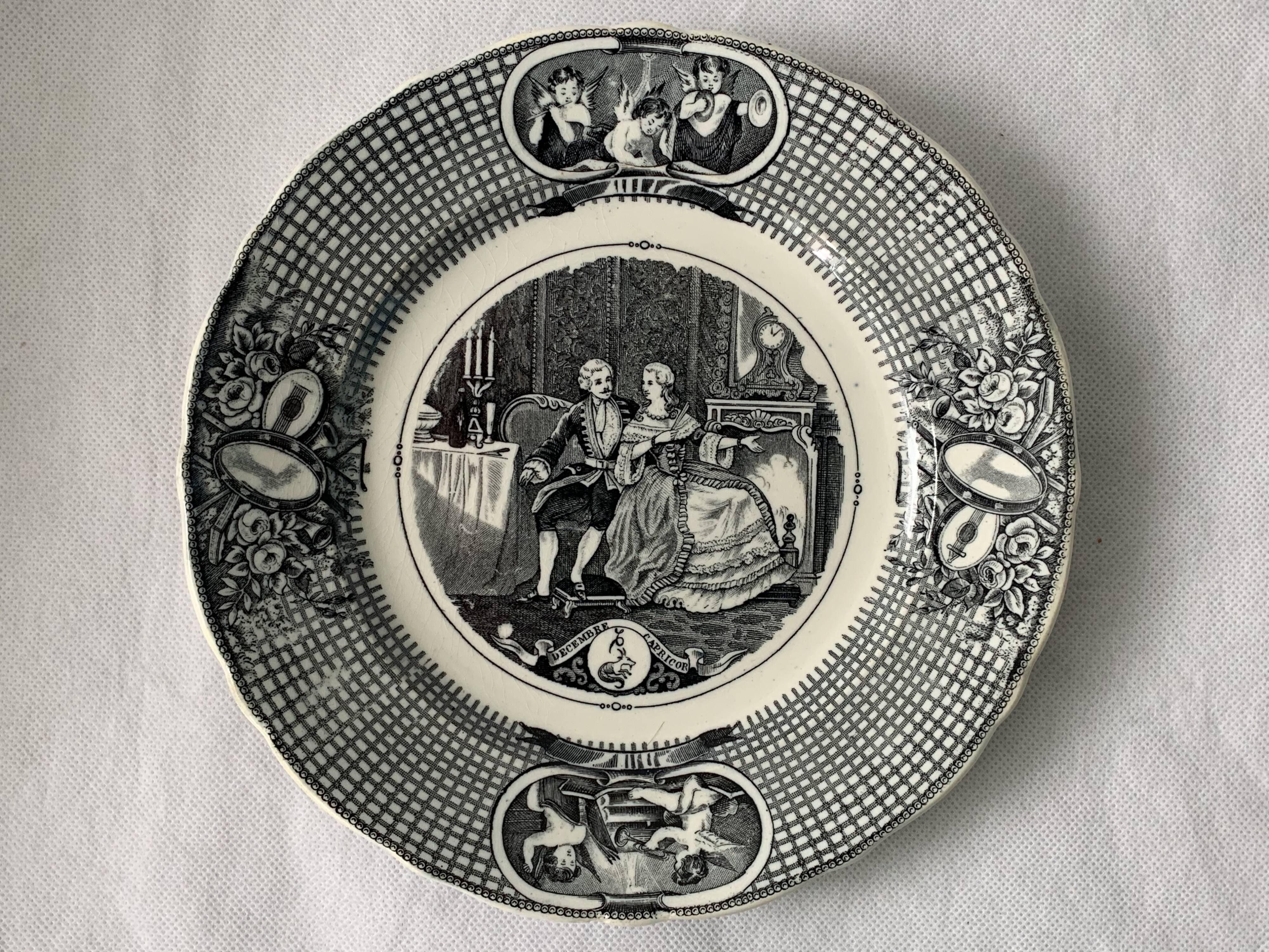 6 black dessert plates Old and Johnston Bordeaux 19th century astrology