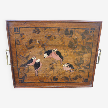 Large Art Nouveau tray in pyrographed and dyed wood representing birds