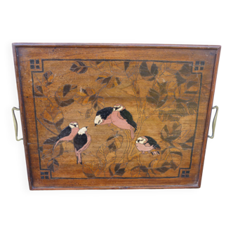 Large Art Nouveau tray in pyrographed and dyed wood representing birds