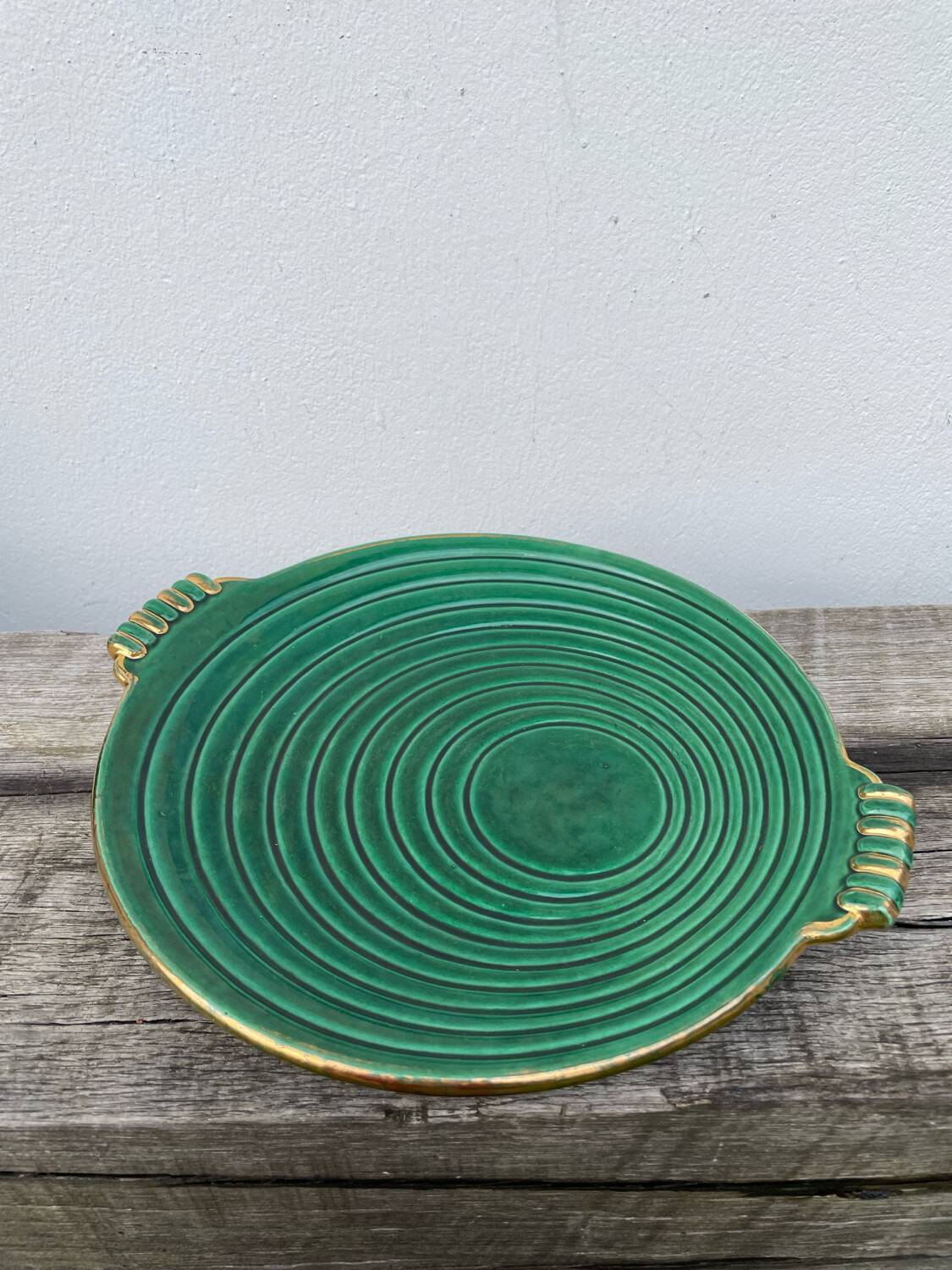 Round art deco green ceramic dish