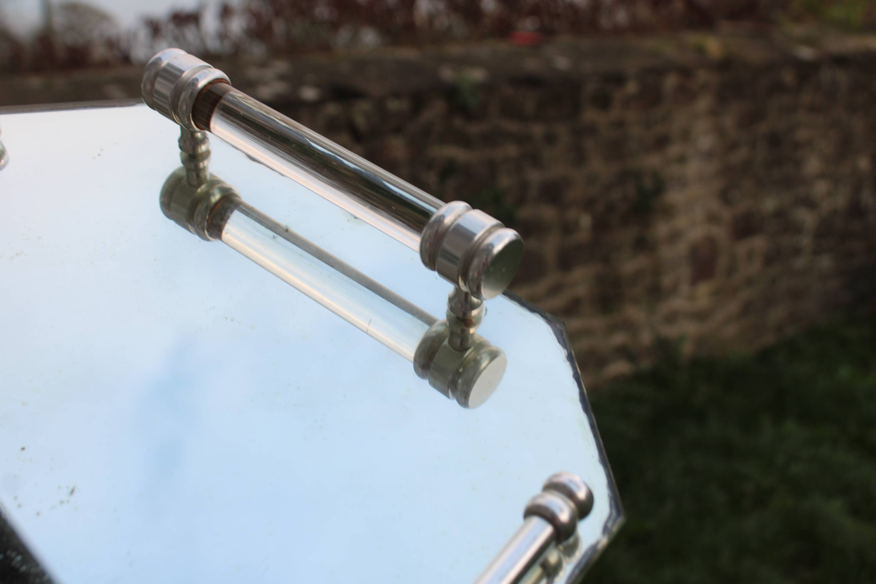 Vintage mirrored tray with glass and metal handles – H5 × W39 × D30 cm