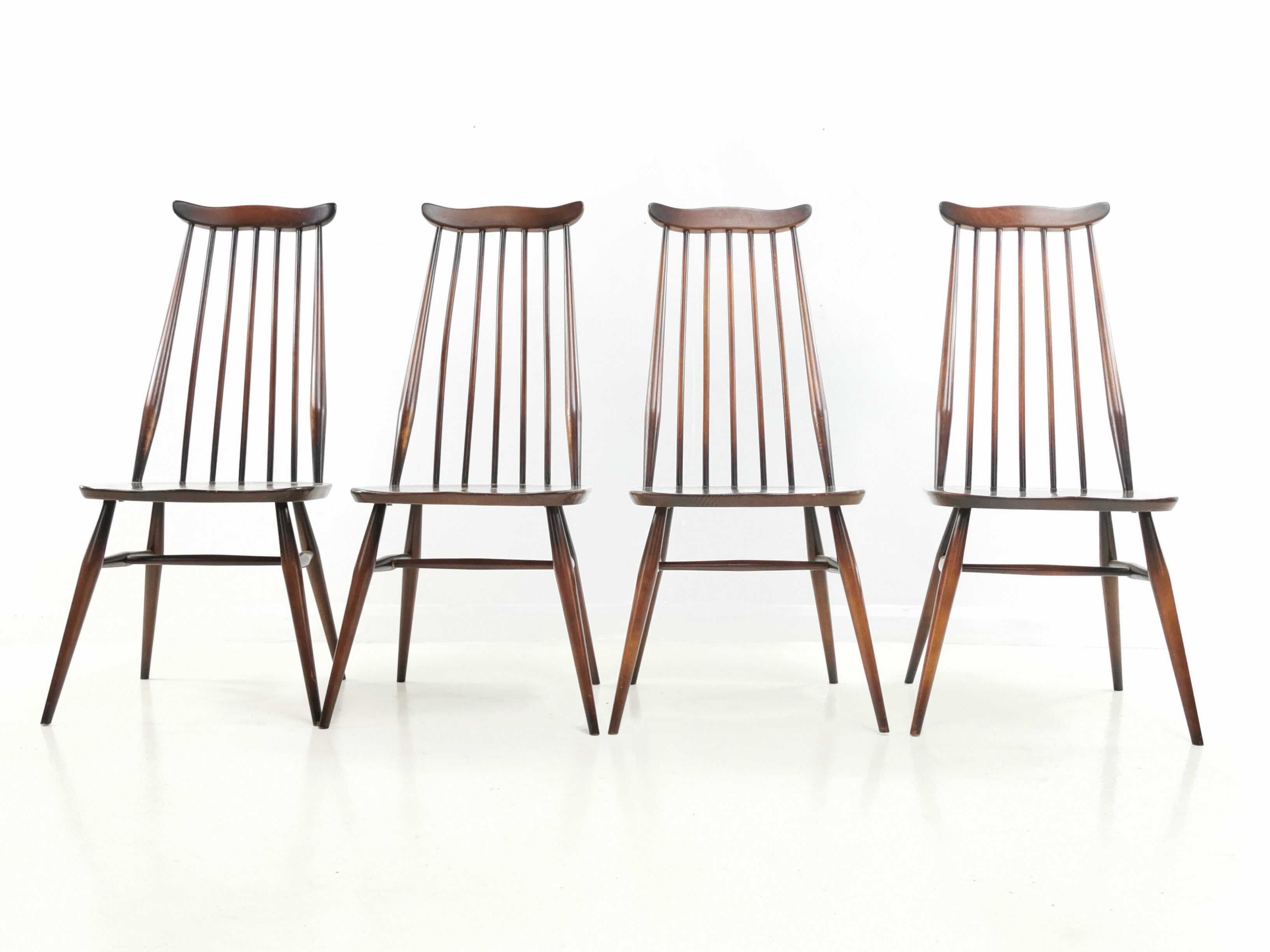Set of eight vintage Ercol elm & beech Goldsmiths dining chairs mid century