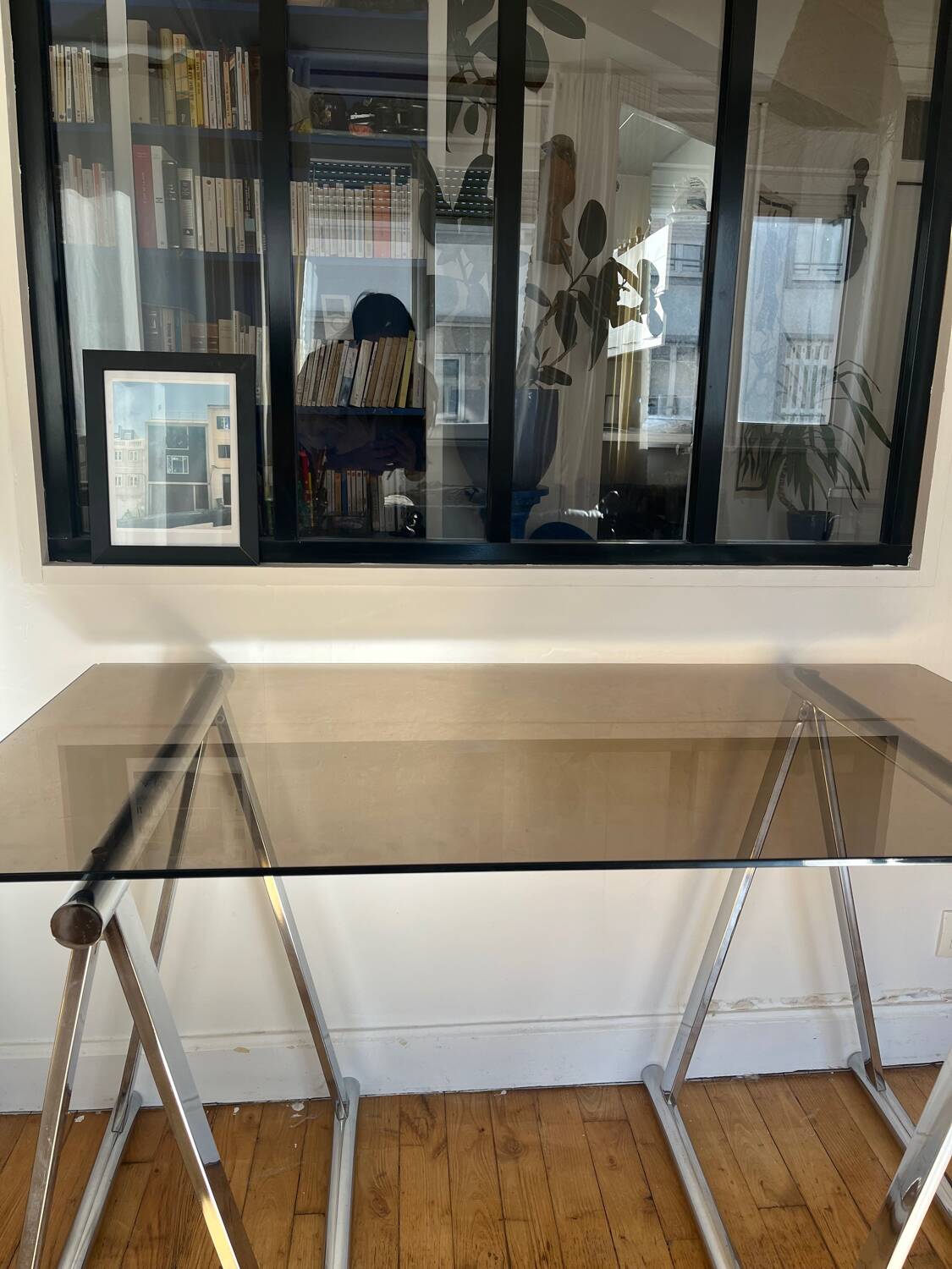 Smoked glass and chrome metal desk by Milo Baughman for Rochebobois