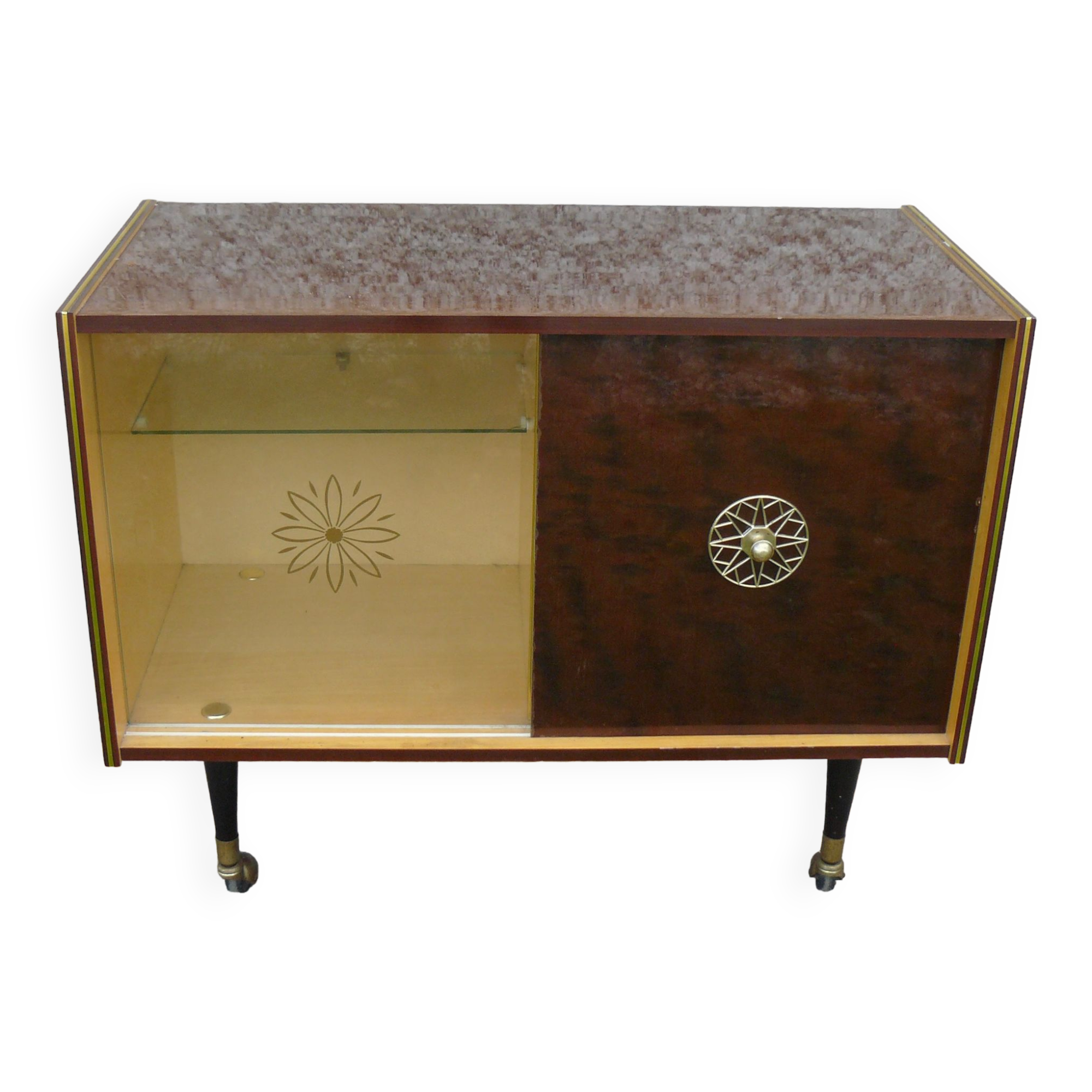 Vintage rolling TV bar cabinet 1960 with 2 sliding doors