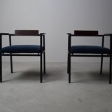 Pair of Postmodern armchairs in steel and mahogany, 1970s