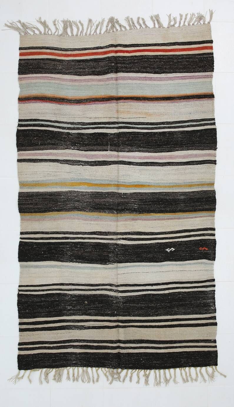 5x9 Cream & Brown Striped Handmade Vintage Kilim Rug, 147x264Cm