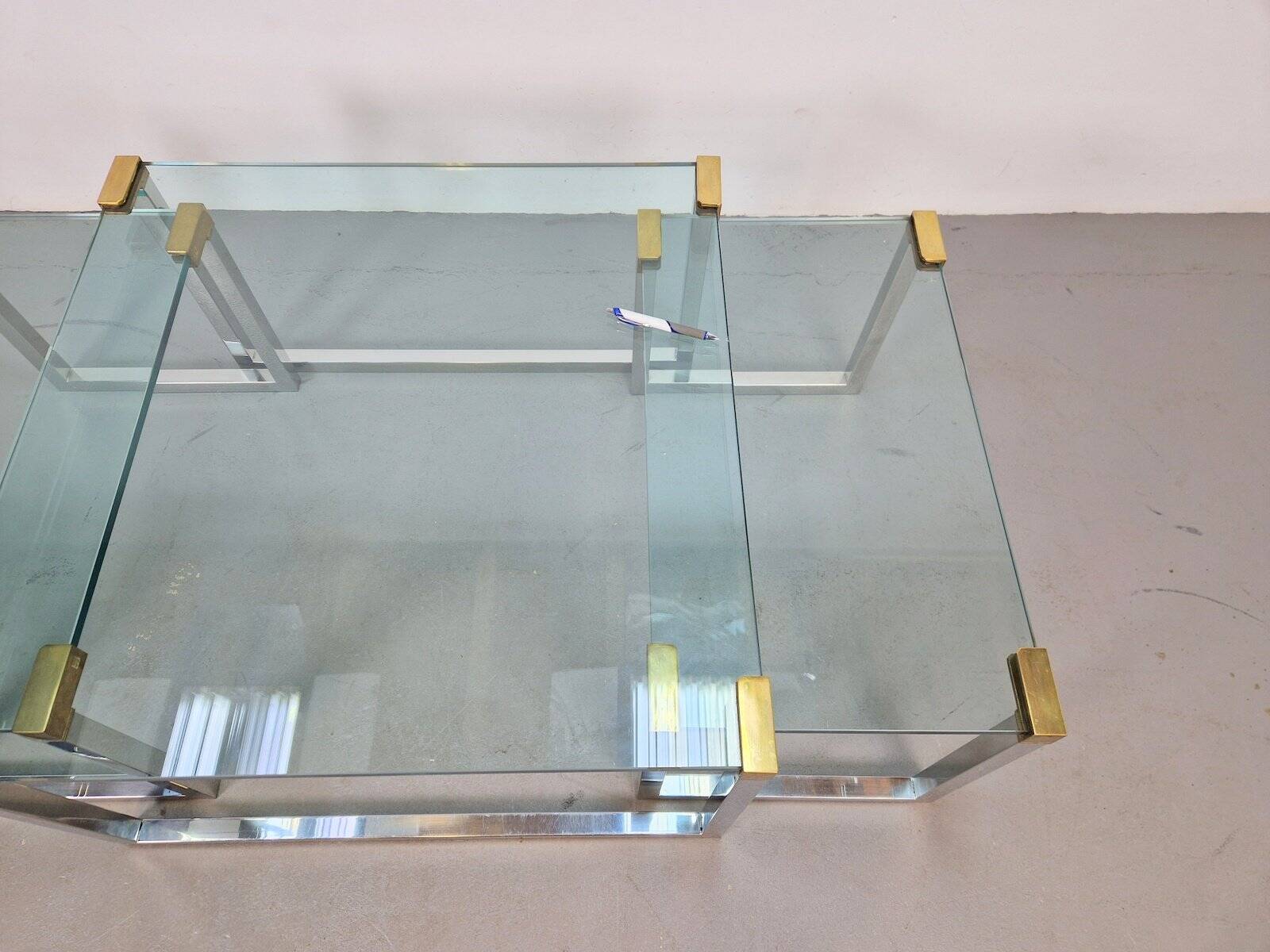 T53 Coffee and Side Tables in Brass and Glass by Peter Ghyczy, 1970s, Set of 3