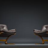 Brown Leather Armchairs by Elsa & Nordahl Solheim for Rybo Rykken & Co., 1970s, Set of 2