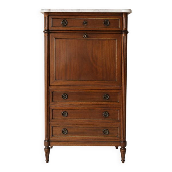 Secrétaire ancien style Louis XVI en bois & marbre blanc – H141 cm