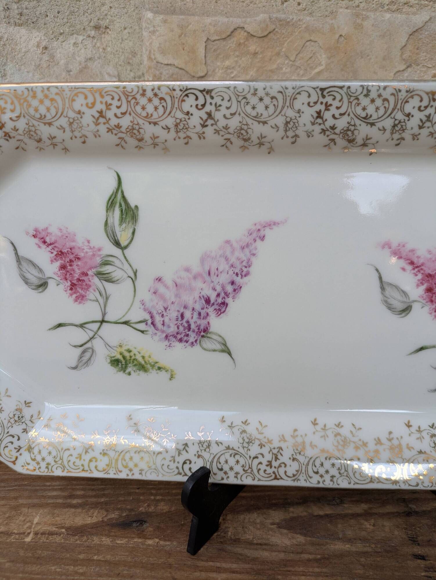Limoges enamel porcelain cake dish LF with lilac flower decoration.