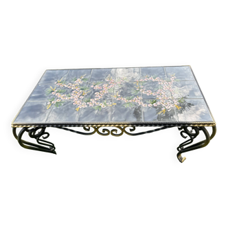 Vallauris ceramic coffee table and wrought iron