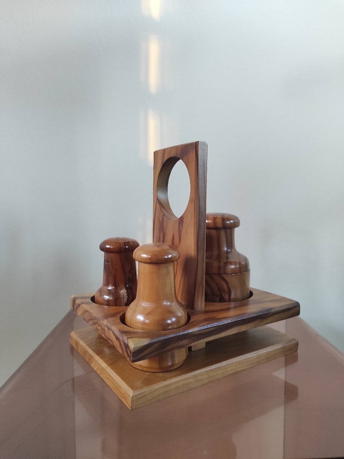 Vintage olive wood condiment service
