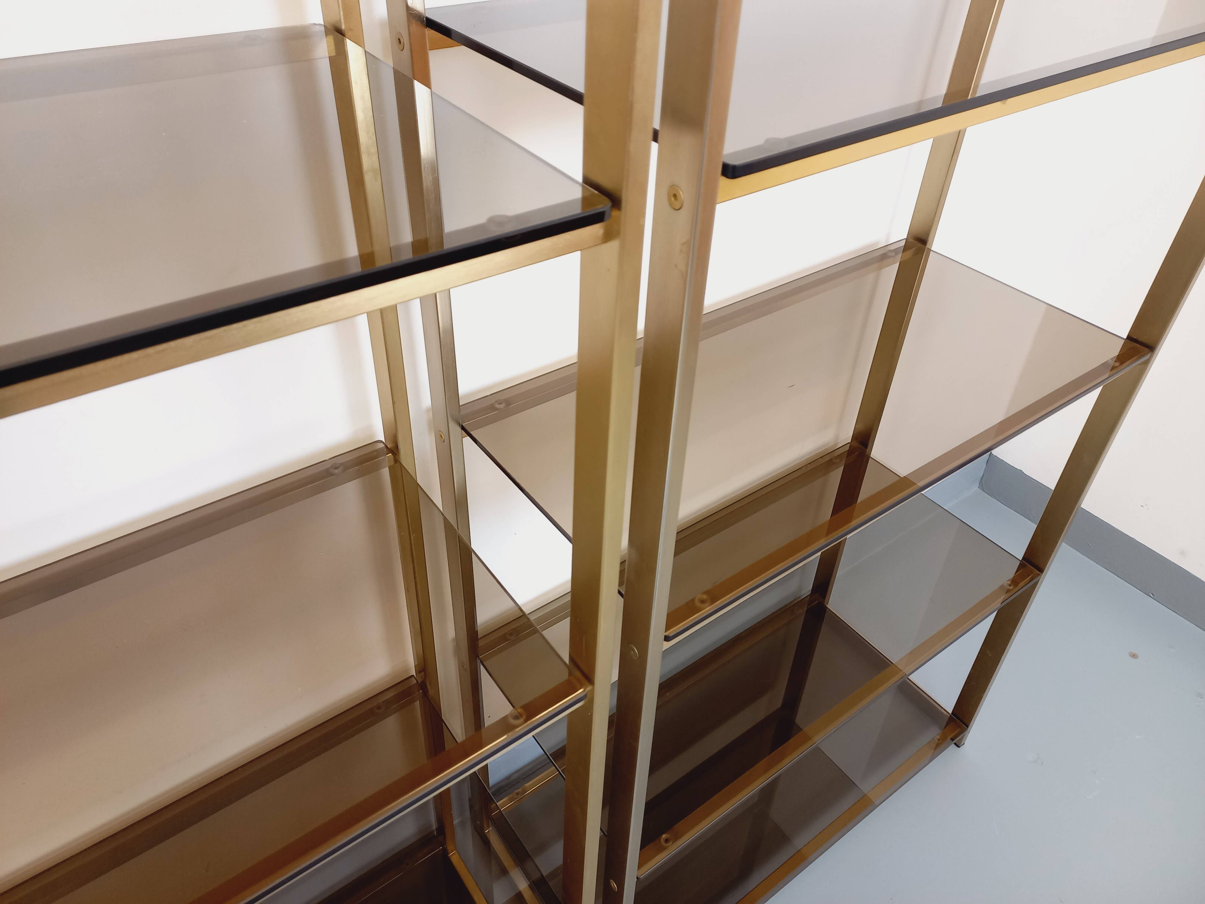 Artelano vintage bookcase shelves in gold metal smoked glass from the 70s