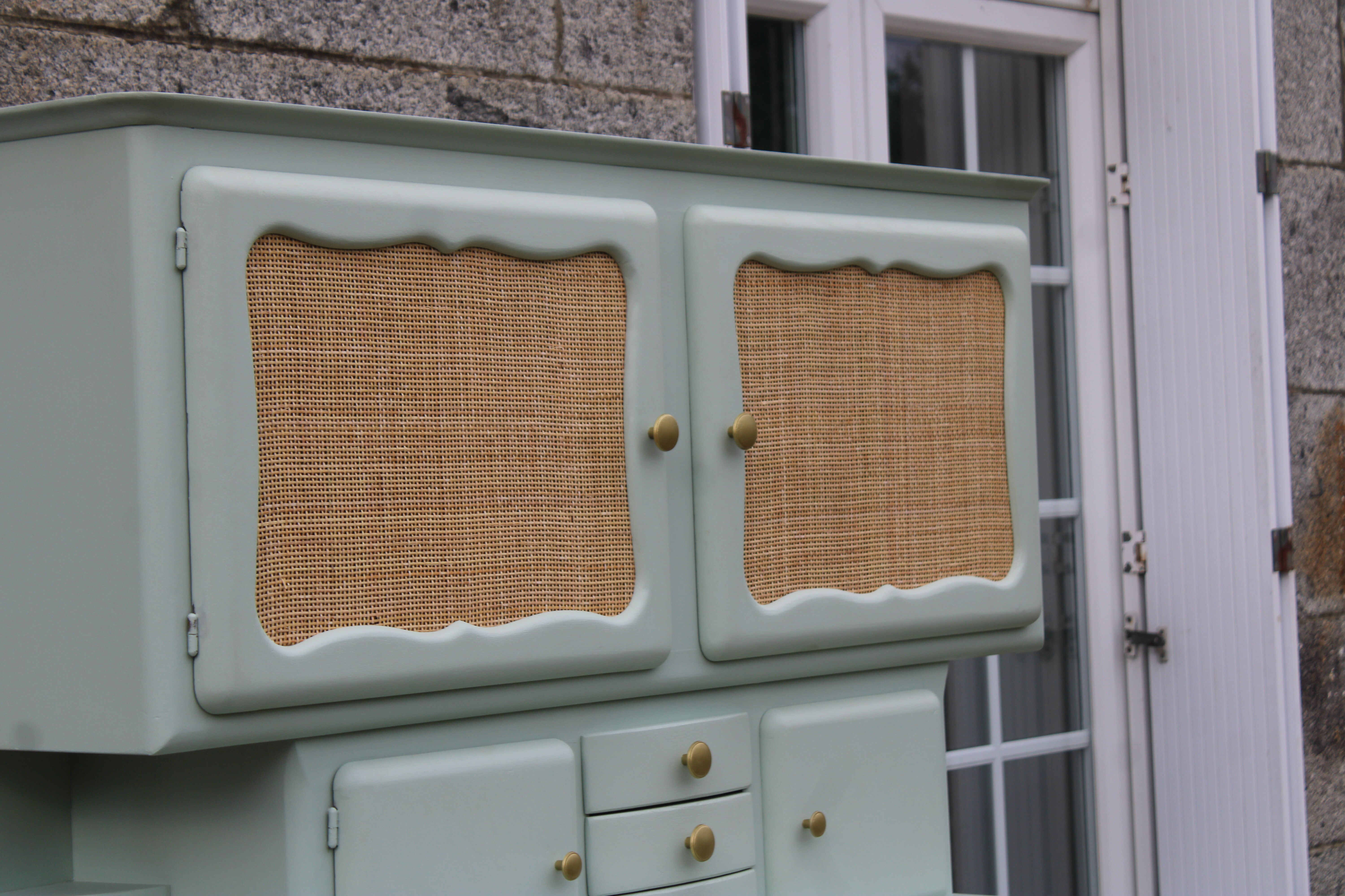Renovated vintage Mado sideboard – Celadon green & natural cane