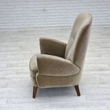 1970s, Danish armchair, green furniture velour, beech wood legs.