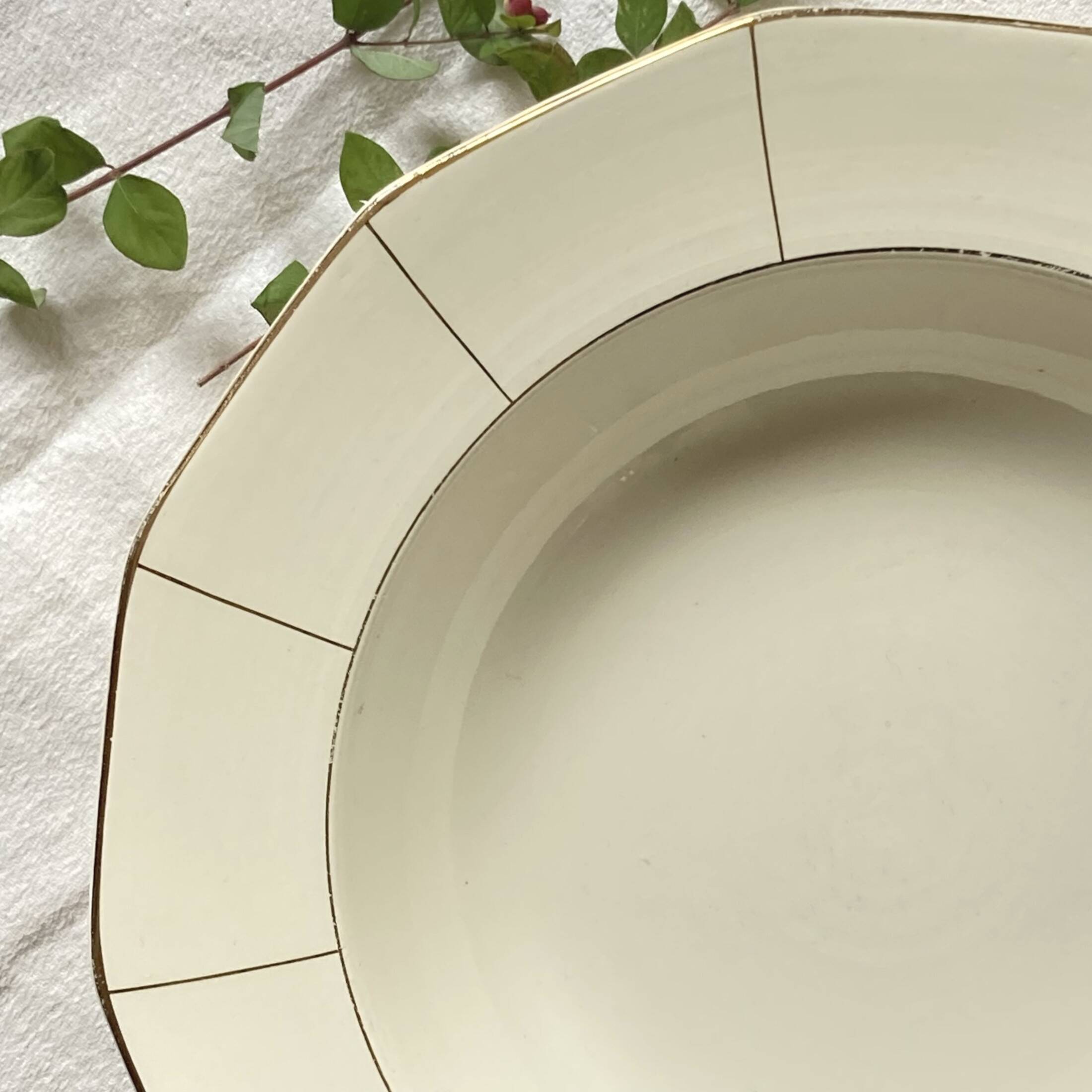 Hollow serving dish in old Badonviller earthenware, off-white and vintage gold, tableware