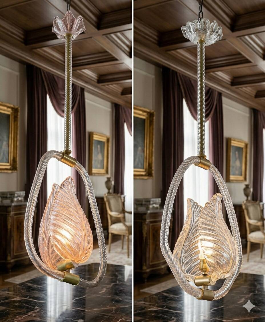 Set of 2 Pink and Transparent Murano Glass Chandelier by Barovier e Toso, 1950s