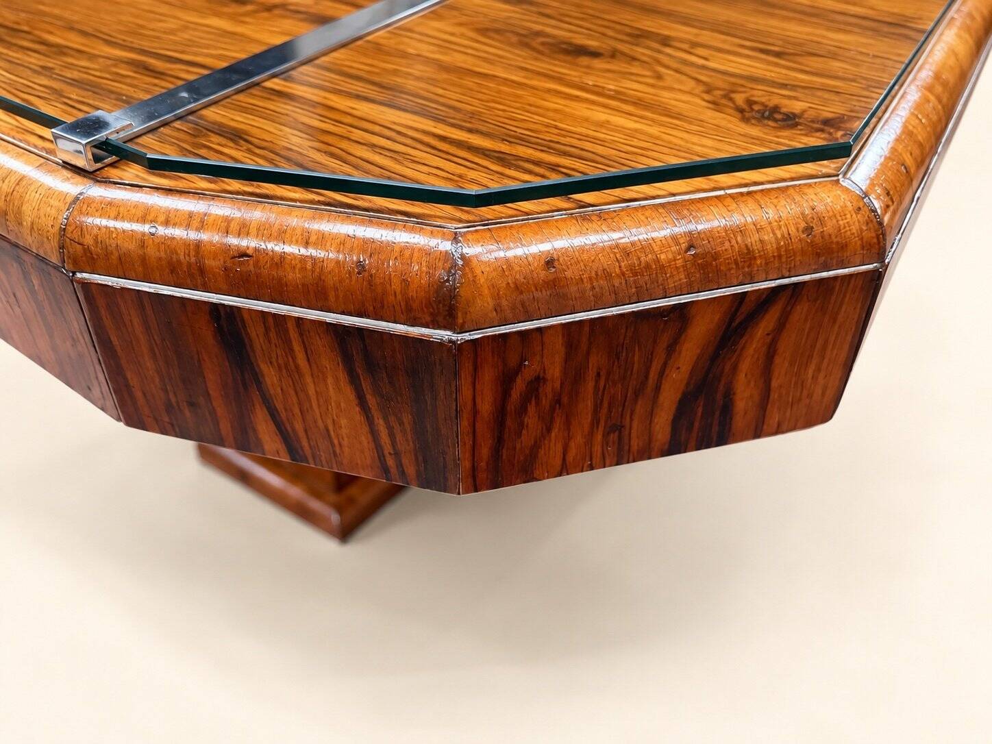 Table extensible Art Déco – Placage ronce de noyer & métal chromé – Années