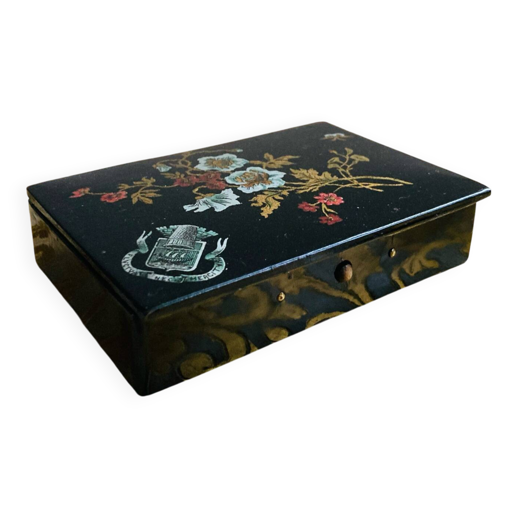 19th-century Chinese lacquer box, handmade motifs, coat of arms of PARIS